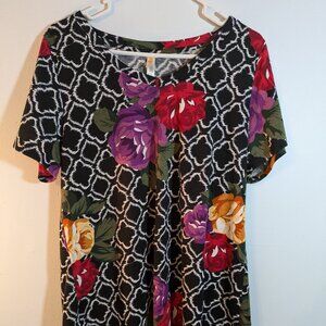 LuLaRoe Women's XL Shirt Rose Floral & Black Geometric Print Pullover Top